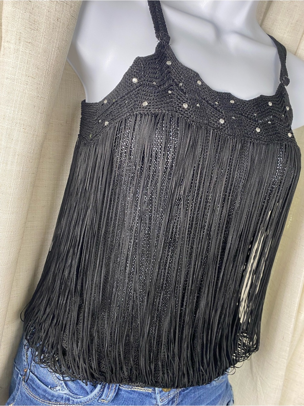 MKM Designs Black Crochet Fringe Camisole with Bead Accents